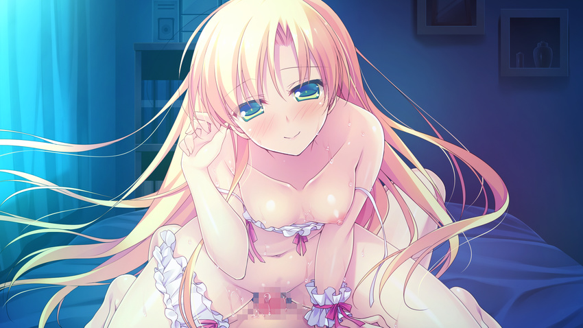 alcot blonde_hair breasts censored chibana_ryouka game_cg green_eyes kimi_no_tonari_de_koishiteru! long_hair motomiya_mitsuki nipples panties panty_pull penis pussy_juice sex underwear