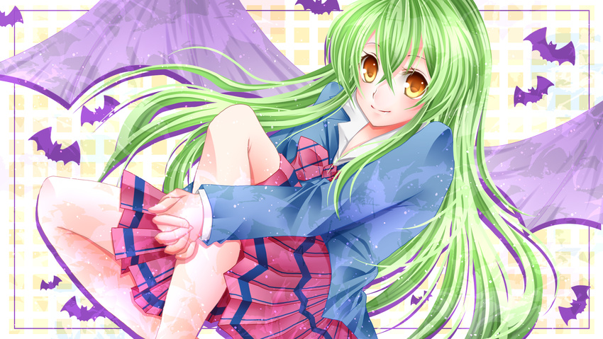 aliasing green_hair jitsu_wa_watashi_wa long_hair mizuki orange_eyes shiragami_youko vampire wings