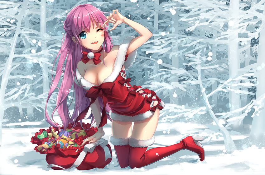 1girl ;d blue_eyes boots bow box breasts chocofox choker christmas cleavage collar collarbone dress forest full_body fur-trimmed_boots fur-trimmed_dress fur_trim gift gift_bag gift_box holding kneeling long_hair medium_breasts nature off-shoulder_dress off_shoulder one_eye_closed open_mouth original outdoors pink_hair red_bow red_dress red_footwear santa_boots santa_costume shiny shiny_hair short_dress sleeveless sleeveless_dress smile snow snowing solo thigh_boots thighhighs tree very_long_hair wink winter