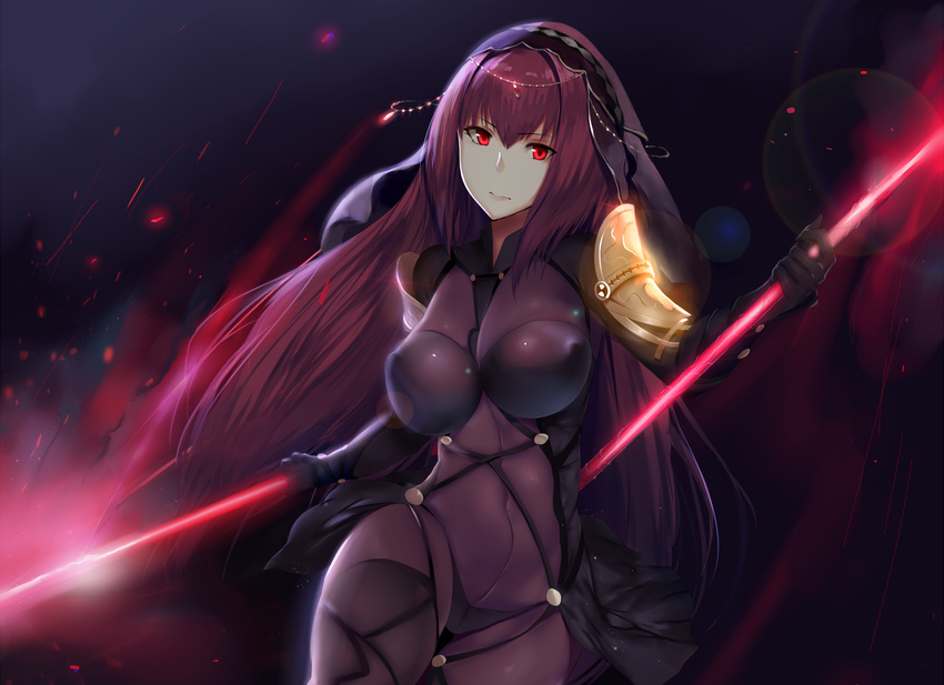armor bodysuit cropped erect_nipples fate/grand_order fate/stay_night headdress hewsack lancer_(fate/grand_order) long_hair purple_hair red_eyes skintight spear weapon