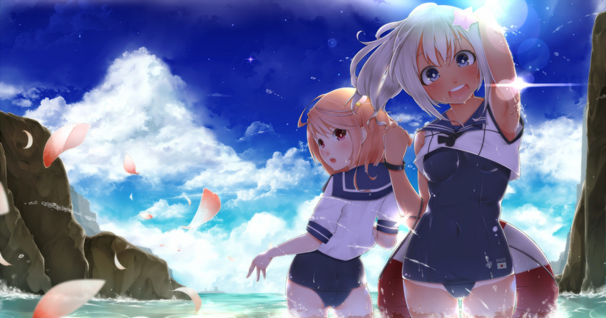 2girls ass blonde_hair blue_eyes clouds elizax9x i-58_(kancolle) jpeg_artifacts kantai_collection petals ponytail red_eyes ro-500_(kancolle) school_swimsuit short_hair sky swim_ring swimsuit tan_lines water