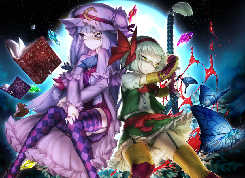 2girls blood book butterfly garter_belt glasses hat headband katana konpaku_youmu magic moon panties patchouli_knowledge stockings sword thighhighs thupoppo touhou underwear weapon