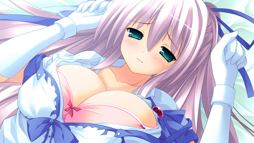 aqua_eyes bra breasts cleavage game_cg kuon_itsuki note_rueme open_shirt pink_hair tiny_dungeon underwear