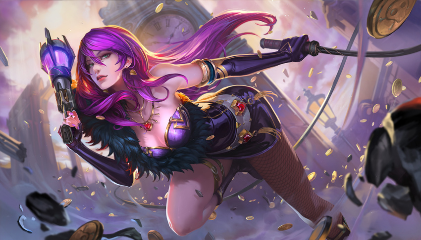 boots breasts chenbo cleavage elbow_gloves gun long_hair necklace purple_hair weapon