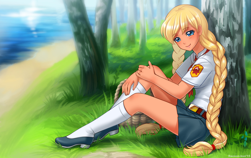 blonde_hair blue_eyes braids everlasting_summer grass kneehighs long_hair racoon-kun seifuku slavya tree twintails water