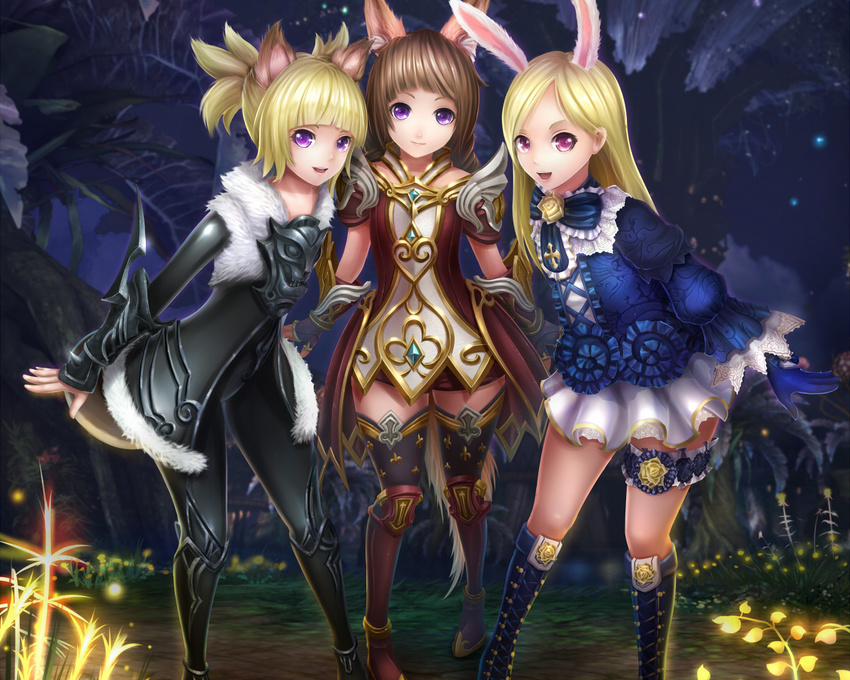 animal_ears blonde_hair bodysuit boots brown_hair bunny_ears bunnygirl cropped doggirl elin garter kneehighs long_hair pink_eyes purple_eyes red_eyes tail tera_online thighhighs un_s