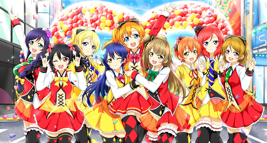 aqua_eyes ayase_eri black_hair blonde_hair blue_eyes blue_hair bow braids brown_hair group hat headband hoshizora_rin karamoneeze koizumi_hanayo kousaka_honoka long_hair love_live!_school_idol_project minami_kotori nishikino_maki orange_eyes orange_hair ponytail purple_eyes red_eyes red_hair short_hair sonoda_umi thighhighs toujou_nozomi twintails wink yazawa_nico yellow_eyes zettai_ryouiki