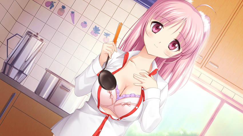 bra game_cg kusunoki_chitose love_of_renai_koutei_of_love! oozora_itsuki pink_eyes pink_hair underwear