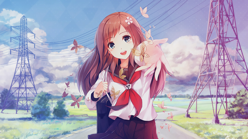 arsenixc blue_eyes brown_hair butterfly caidychen clouds grass long_hair original photoshop seifuku skirt sky