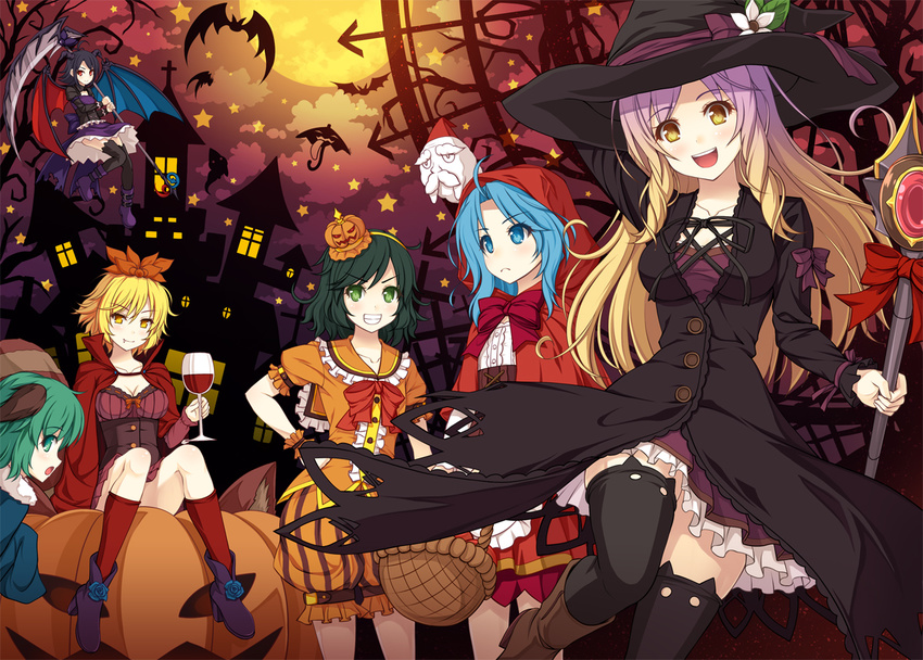 akashio animal bat drink futatsuiwa_mamizou group halloween hat hijiri_byakuren hoodie houjuu_nue kasodani_kyouko kneehighs kumoi_ichirin murasa_minamitsu scythe staff thighhighs toramaru_shou touhou unzan weapon wings witch_hat