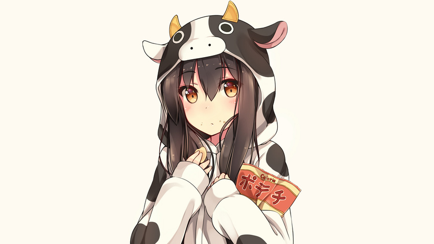 brown_hair cowgirl food hoodie orange_eyes original shuuichi white