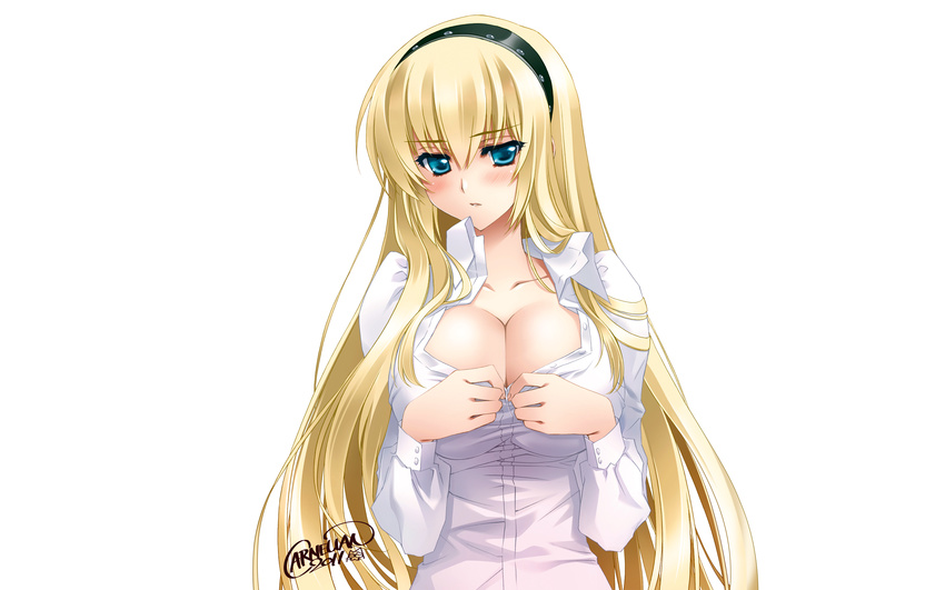 aqua_eyes blonde_hair blush breasts carnelian cleavage headband irisdina_bernhard long_hair muv-luv photoshop schwarzesmarken signed undressing white