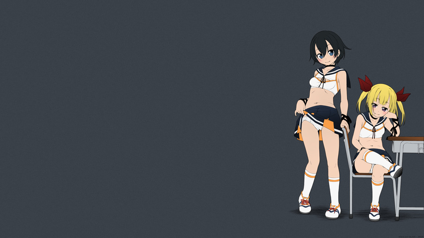 black_hair blonde_hair blue_eyes cheerleader gray kneehighs manami_tatsuya panties skirt skirt_lift twintails underwear