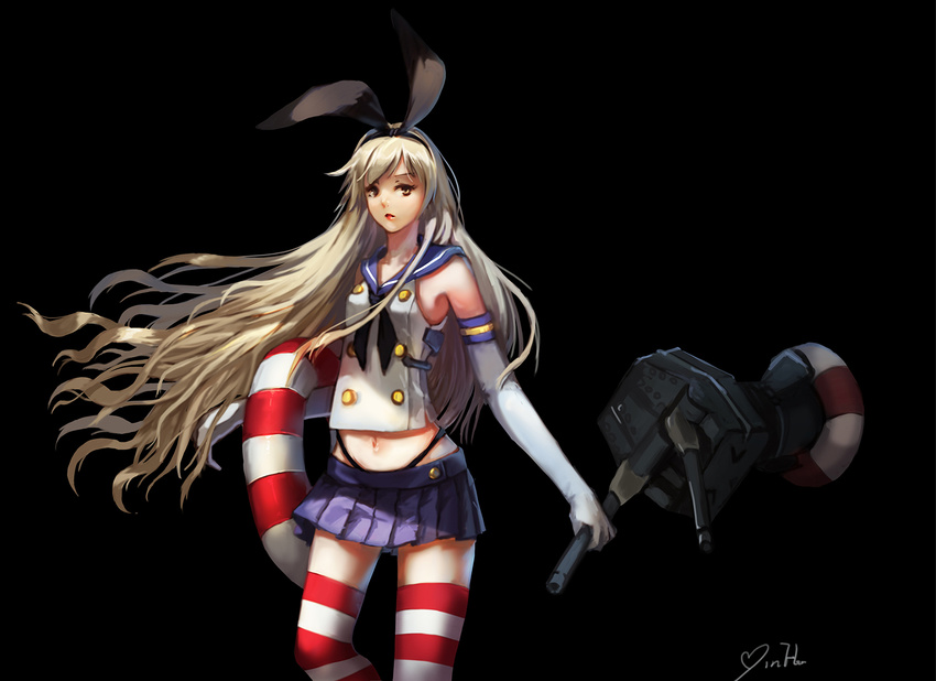 black blonde_hair elbow_gloves headband kantai_collection long_hair minhoo navel panties rensouhou-chan seifuku shimakaze_(kancolle) signed skirt swim_ring thighhighs underwear zettai_ryouiki