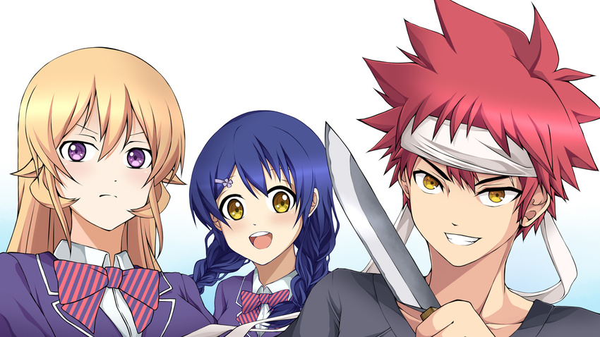 blonde_hair blue_hair braids headband karra_kon knife long_hair male nakiri_erina purple_eyes red_hair seifuku shokugeki_no_soma short_hair tadokoro_megumi yellow_eyes yukihira_soma