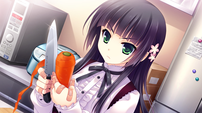 bandaid black_hair food game_cg green_eyes guardian_place knife long_hair suminoin_ouka tsurugi_hagane