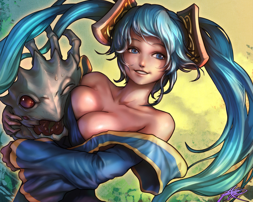 aqua_hair blue_eyes breasts cleavage cropped kog'maw league_of_legends ptcrow signed sona_buvelle
