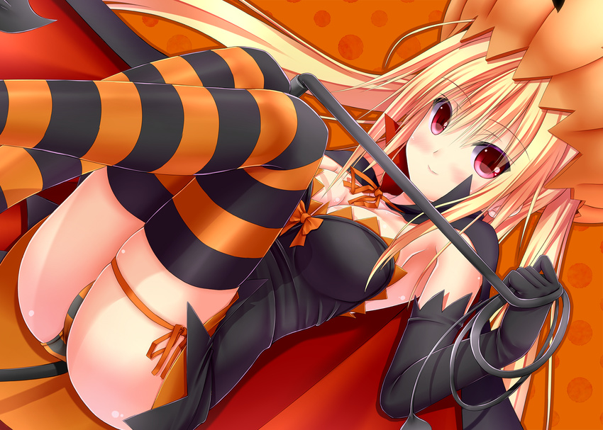 ass blonde_hair breasts cleavage garter halloween long_hair original panties red_eyes shouyan striped_panties tail thighhighs twintails underwear weapon