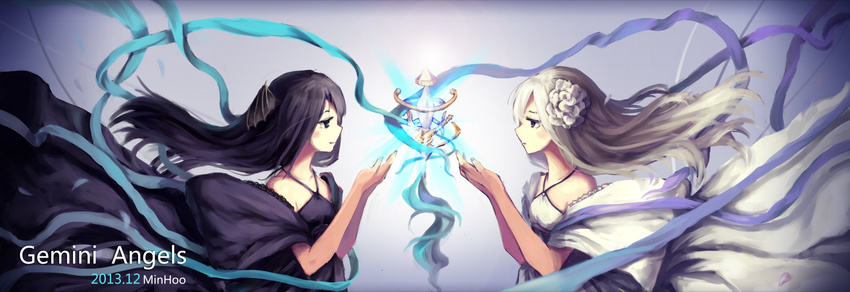 2girls black_hair blue_eyes dress dualscreen flowers green_eyes logo minhoo original ribbons white_hair