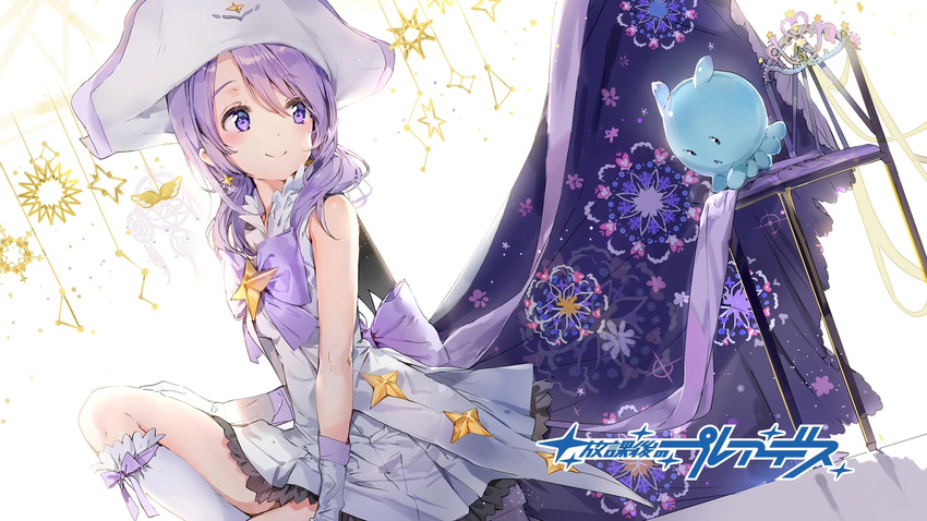 anmi bow dress hat houkago_no_pleiades kneehighs logo nanako_(houkago_no_pleiades) purple_eyes purple_hair