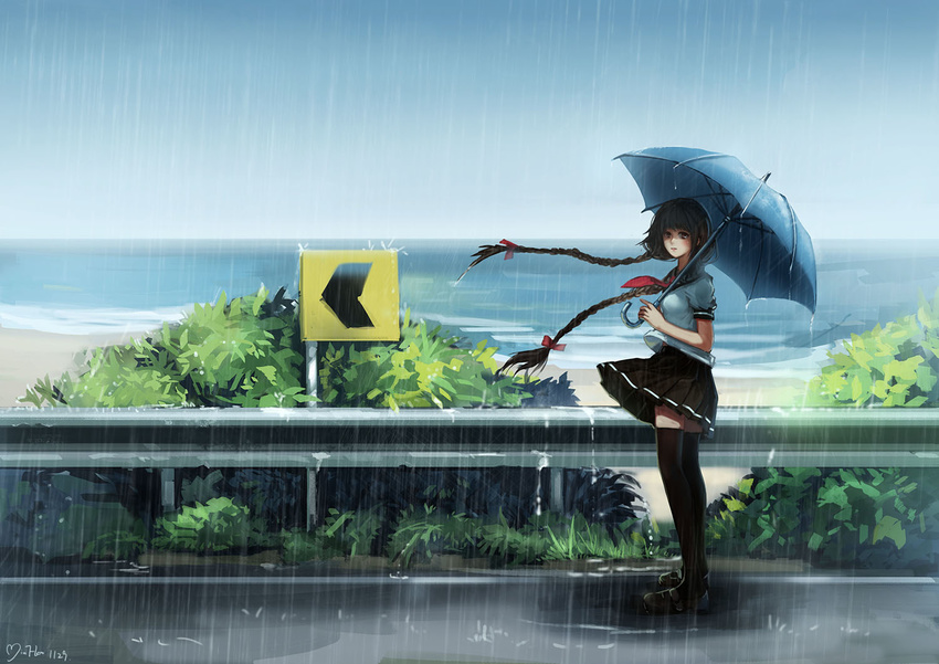 beach braids long_hair minhoo original rain seifuku signed skirt thighhighs umbrella water zettai_ryouiki