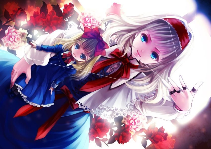 alice_margatroid aqua_eyes awa_toka blonde_hair blue_eyes bow doll dress flowers headdress long_hair mage ribbons rose shanghai_doll touhou