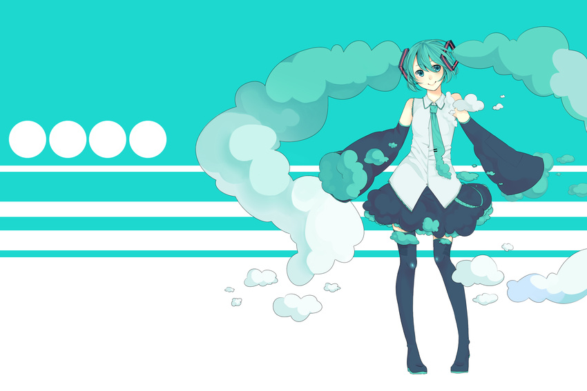 aqua_eyes aqua_hair arik boots clouds hatsune_miku tagme thighhighs tie twintails vocaloid