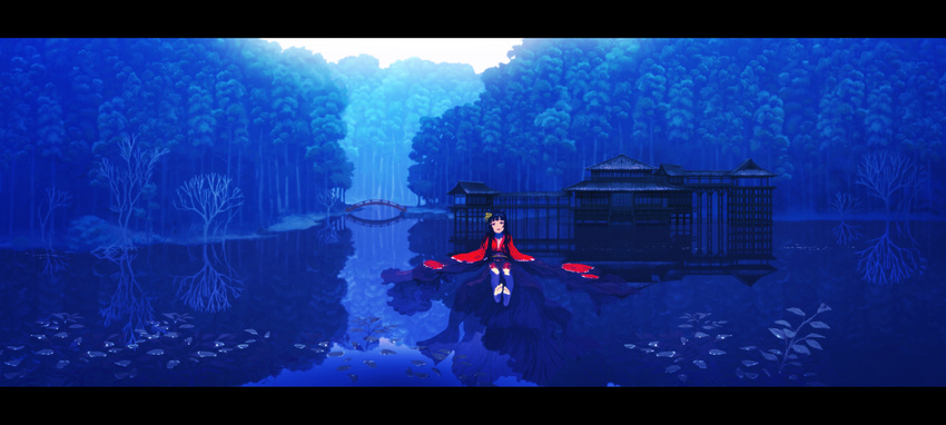 barefoot blue building dualscreen forest japanese_clothes long_hair original polychromatic rias-coast scenic tree water wet