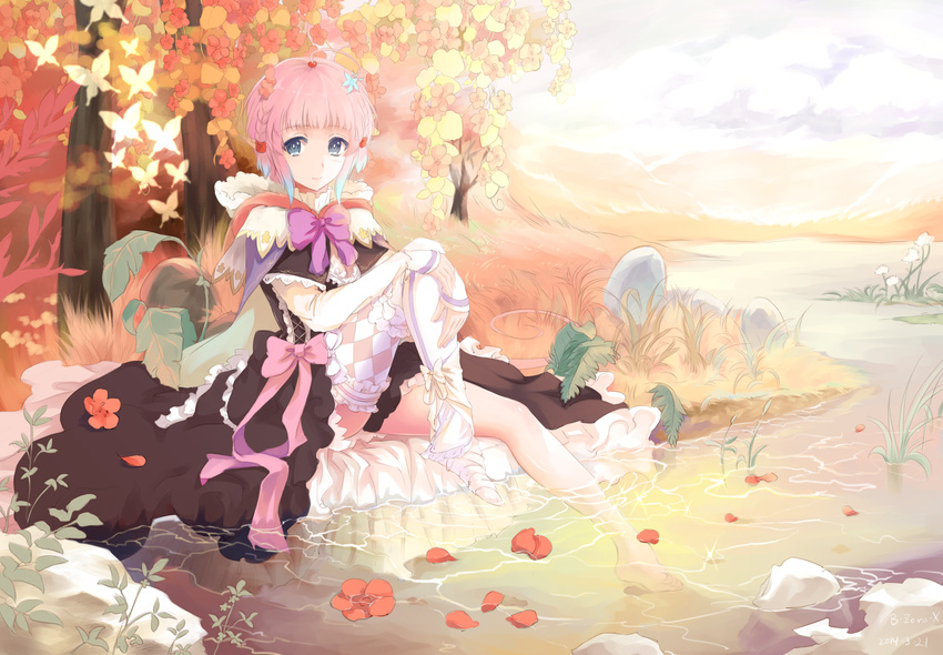 blue_eyes bow butterfly bzerox dress flowers leaves original petals pink_hair pointed_ears ribbons thighhighs tree water