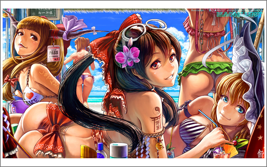 aqua_eyes ass bell bikini blonde_hair bow breasts brown_hair drink group hakurei_reimu hat horns hoshiguma_yuugi ibara_kasen ibuki_suika kirisame_marisa long_hair maco_(macoillust) ponytail red_eyes rope sunglasses swimsuit tattoo touhou witch_hat