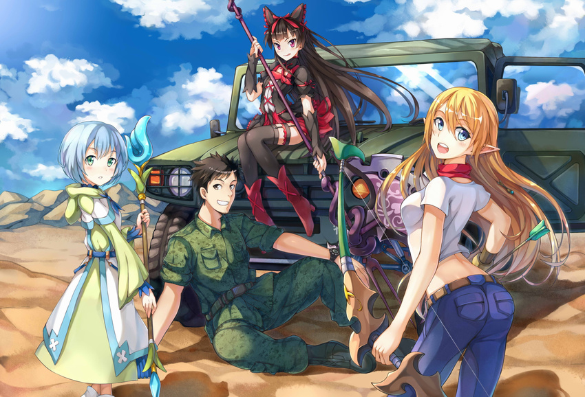 black_hair blonde_hair blue_eyes bow_(weapon) choukoukou_no_diaosi clouds combat_vehicle gate_-_jieitai_ka_no_chi_nite_kaku_tatakaeri goth-loli green_eyes itami_youji jpeg_artifacts lelei_la_lalena pointed_ears red_eyes ribbons rory_mercury sky staff thighhighs tuka_luna_marceau weapon