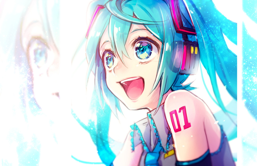 aqua_eyes aqua_hair hatsune_miku headphones twintails vocaloid yamori_(stom) zoom_layer