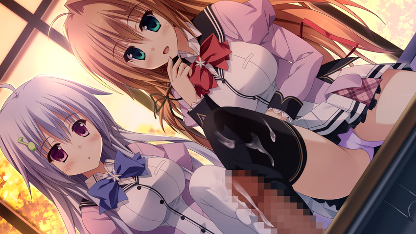 blush censored cum footjob game_cg haneshiro_amane ichinose_himeno koishiki_manual long_hair panties penis saeki_nao seifuku tagme underwear