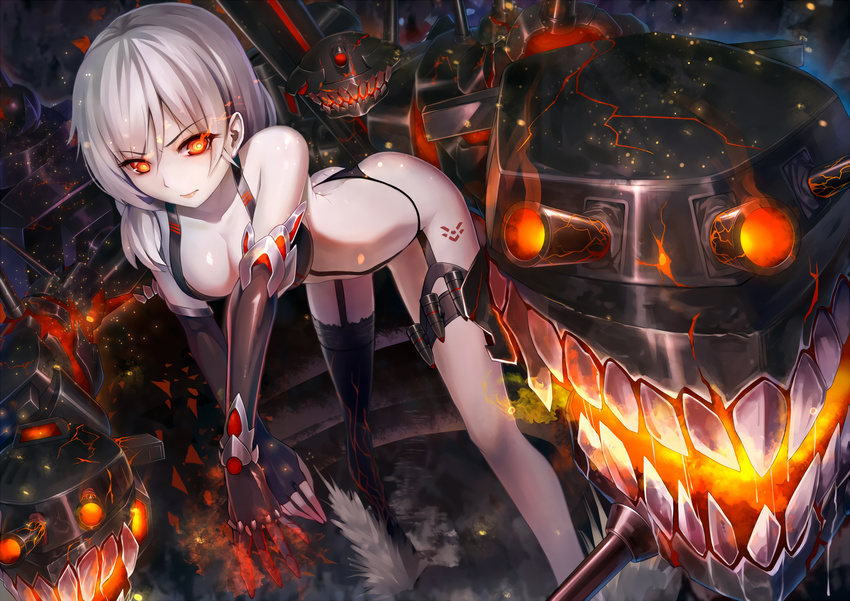 breasts cleavage elbow_gloves fire orange_eyes rodney stockings tattoo white_hair xiaoyin_li zhanjian_shaonu