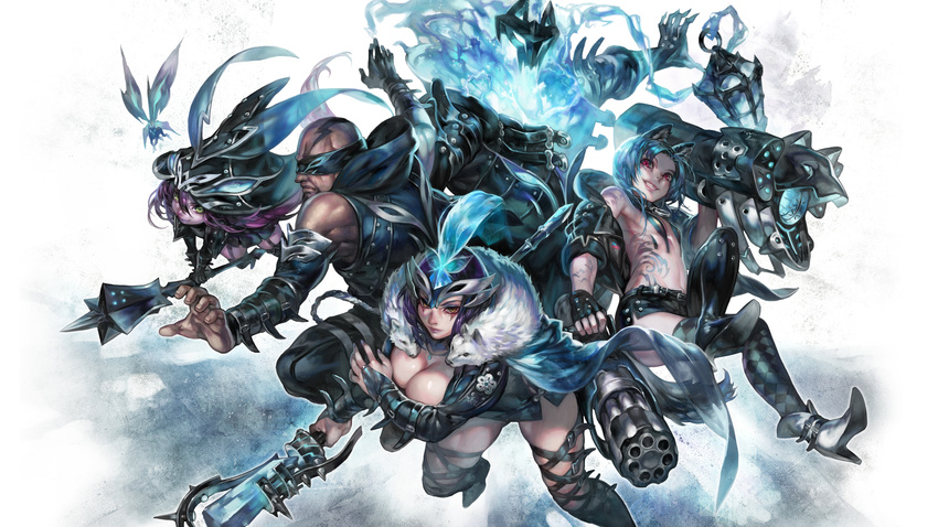 animal_ears aoin_(omegaboost) breasts cleavage emilia_leblanc flat_chest gun jinx_(league_of_legends) league_of_legends lee_sin lulu male skirt staff tattoo thighhighs thresh weapon