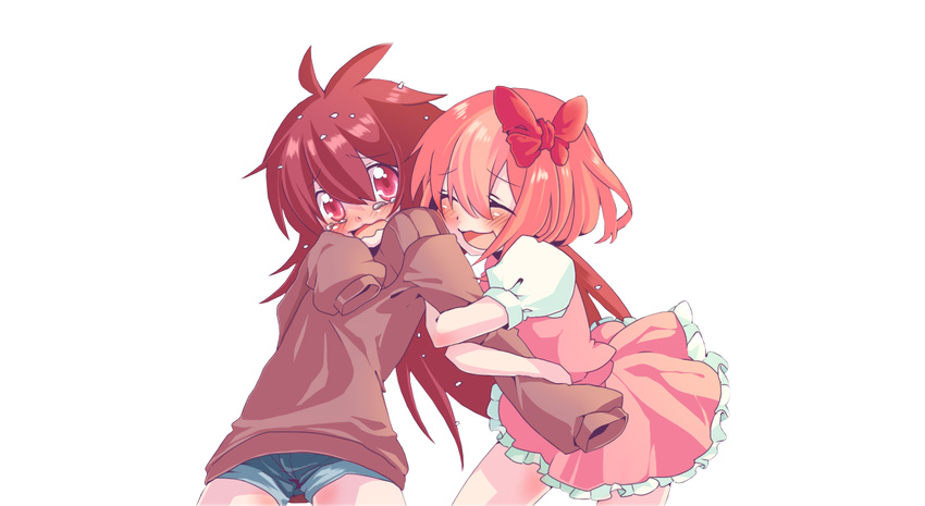 2girls anthropomorphism blush flaky giggles happy_tree_friends hug long_hair pink_hair red_eyes red_hair short_hair shorts shoujo_ai white