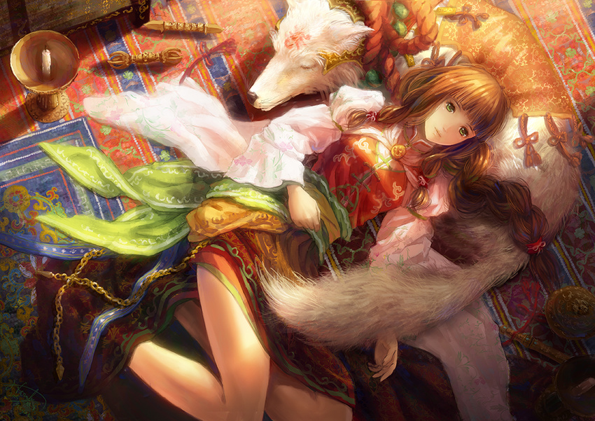 animal braids brown_hair dog dress green_eyes long_hair miyai_haruki original