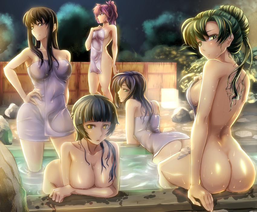 ass athena_(fire_emblem) breasts cleavage cropped fire_emblem group karla_(fire_emblem) long_hair lyndis_(fire_emblem) marica_(fire_emblem) mia_(fire_emblem) nude onsen ponytail shinon_(tokage_shuryou) sideboob towel water wet
