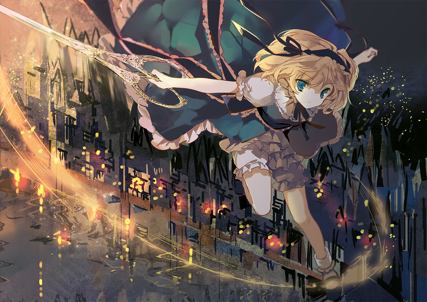 alice_margatroid blonde_hair bloomers blue_eyes building dress headband ra-bit ribbons sunset touhou