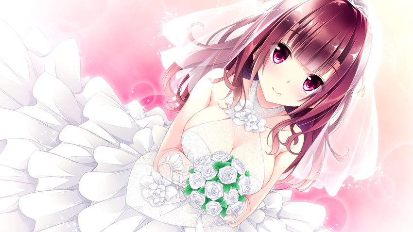 breasts cleavage collar ensemble_(company) flowers game_cg golden_marriage hayakawa_harui ichijouji_touko purple_eyes purple_hair wedding_attire
