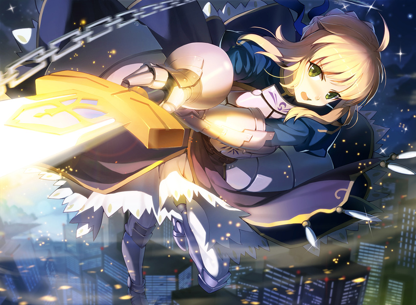 armor blonde_hair boots chain city fate/stay_night green_eyes night saber sky stars sword vmax-ver weapon