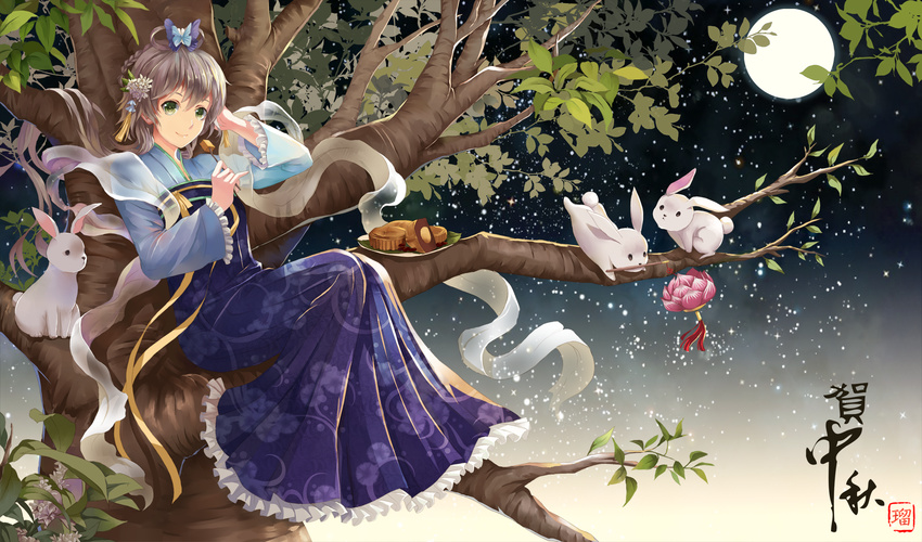 animal black_hair blush bunny chinese_clothes closed_mouth flower food green_eyes hagoromo hanfu highres in_tree lantern long_hair long_sleeves looking_at_viewer lotus lotus_lantern luo_tianyi mid-autumn_festival moon mooncake night night_sky outdoors plate ryuu32 shawl sitting sitting_in_tree sky smile solo star_(sky) starry_sky tree vocaloid vocanese