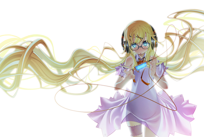 blonde_hair blue_eyes dress glasses headphones long_hair original phone sakuya_tsuitachi twintails white