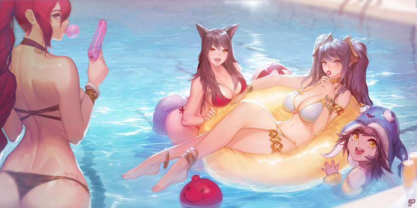 ahri_(league_of_legends) animal_ears ass ball bikini black_hair breasts candy cleavage foxgirl group gun hat instant-ip league_of_legends lollipop long_hair lulu navel pool red_hair sarah_fortune sona_buvelle swim_ring swimsuit tail tattoo twintails water weapon wristwear yellow_eyes