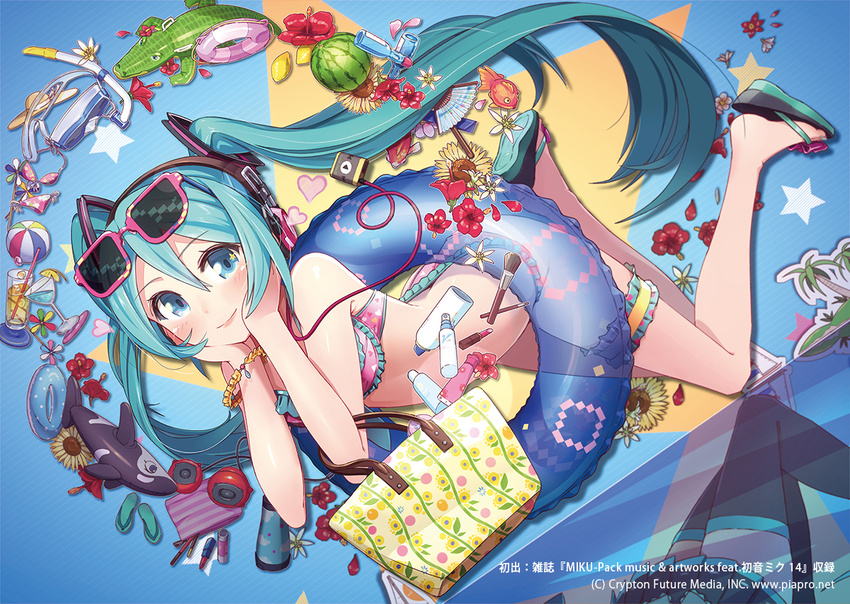 bikini flowers garter hatsune_miku headphones long_hair pomon_illust sunglasses swim_ring swimsuit twintails vocaloid