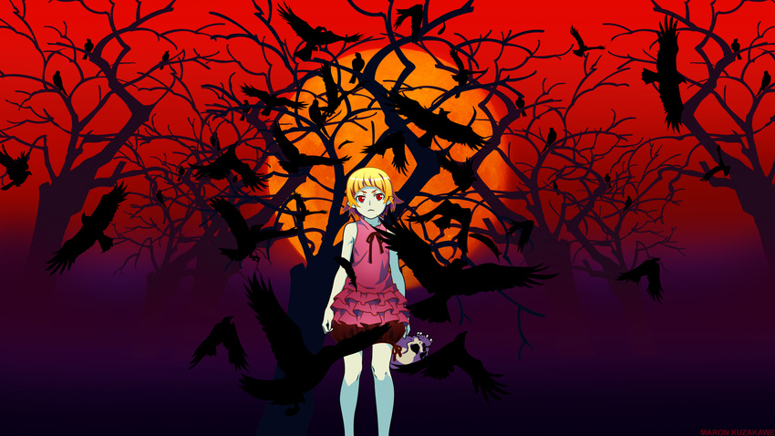 animal bakemonogatari bird blonde_hair dark kuzakawe_maron monogatari_(series) oshino_shinobu red_eyes skull tree vampire