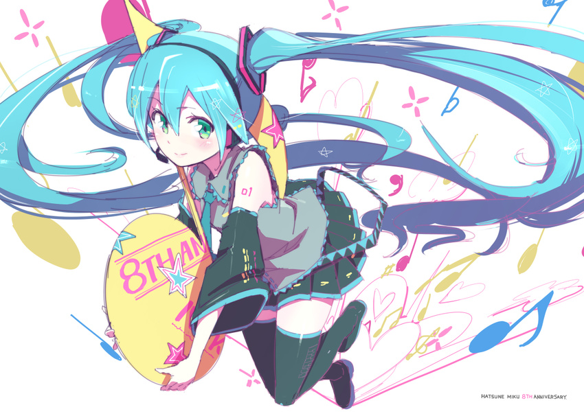 green_eyes hatsune_miku music pomon_illust skirt thighhighs twintails vocaloid