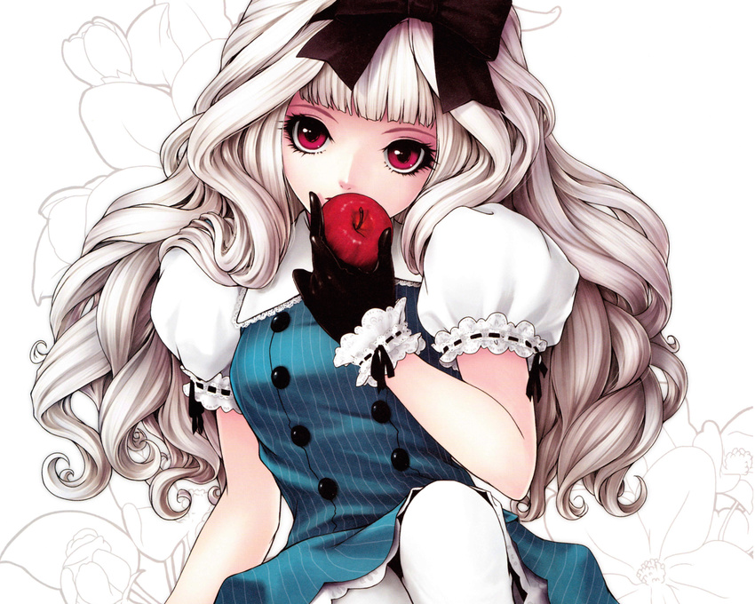 apple close cropped fruit gloves goth-loli kunishige_keiichi lolita_fashion long_hair original red_eyes scan white_hair