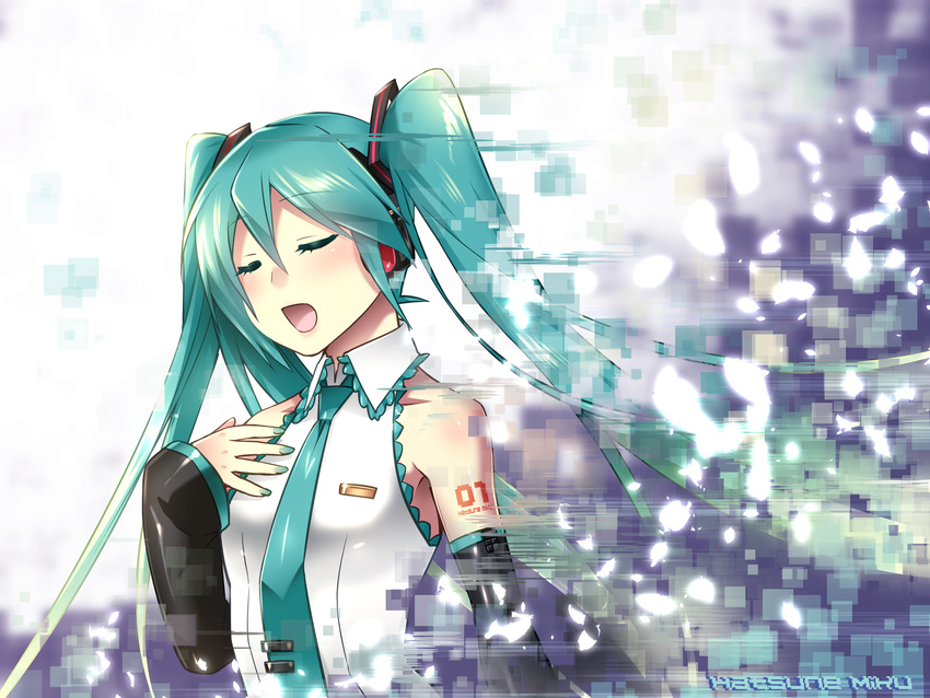 aqua_hair caffein hatsune_miku headphones long_hair tie vocaloid