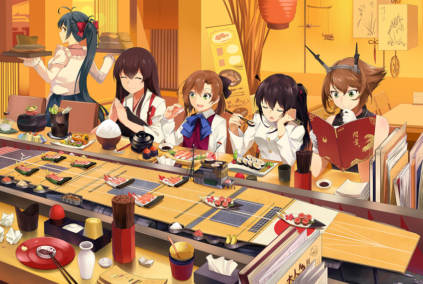 admiral_(kancolle) akagi_(kancolle) akigumo_(kancolle) book food gloves group irako_(kancolle) japanese_clothes kantai_collection long_hair mutsu_(kancolle) neko_(yanshoujie) ponytail short_hair uniform